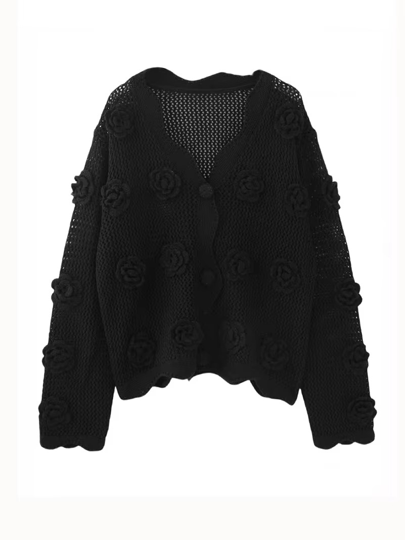 Embroidery Rose - 3D-Strickjacke mit weißen Rosen und Blumen,