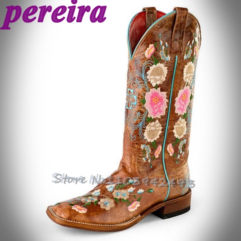 Embroidery Rose - Gestickte Blumenstiefel Rose Garden Botas Mittelkalb