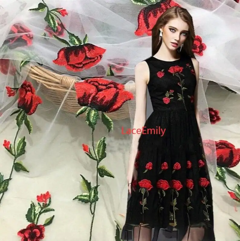 Embroidery Rose - Rote Rose Spitzenstoff Blumenstickerei Weicher schwarzer