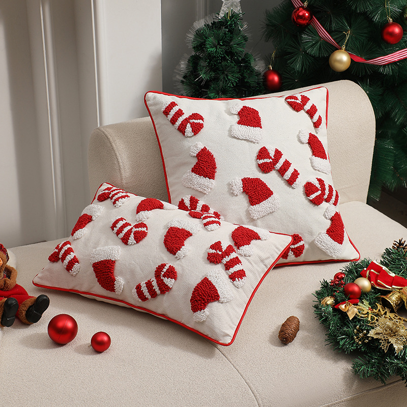 Embroidery Xmas Ornaments - Roter Weihnachts-Kissenbezug, dekorativer Weihnachtsmann-Hut, Cartoon-Stickerei, Kissenbezug,