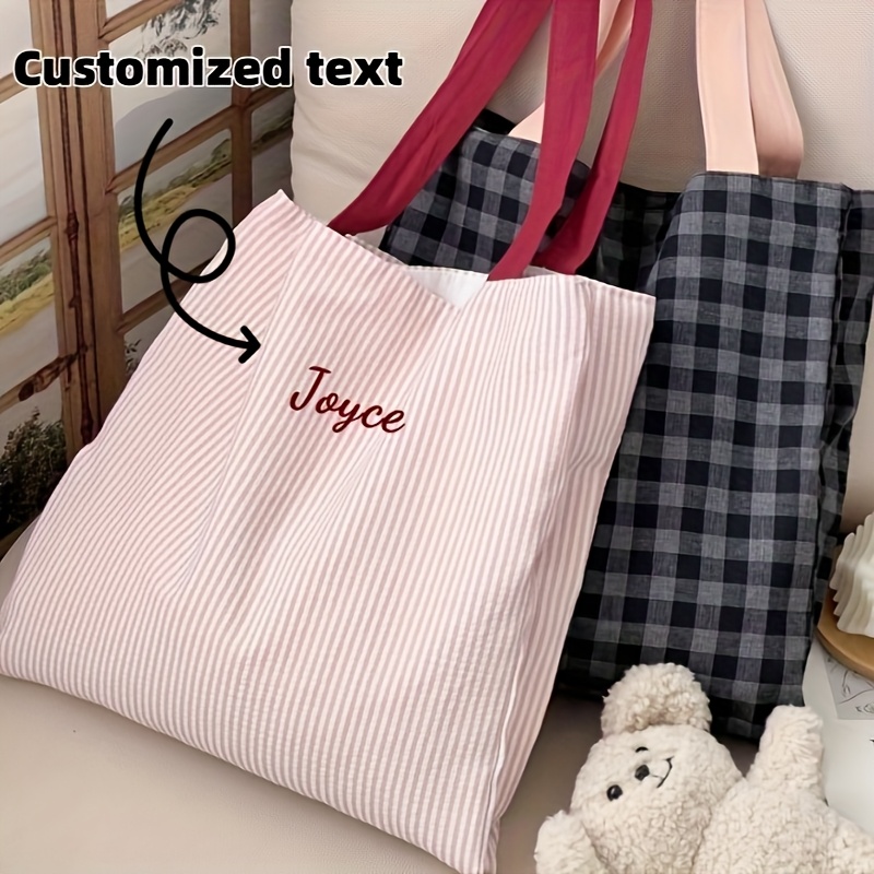 Embroidery Names - Benutzerdefinierte Namens-Stickerei-Einkaufstasche für Damen, gestreifte, karierte