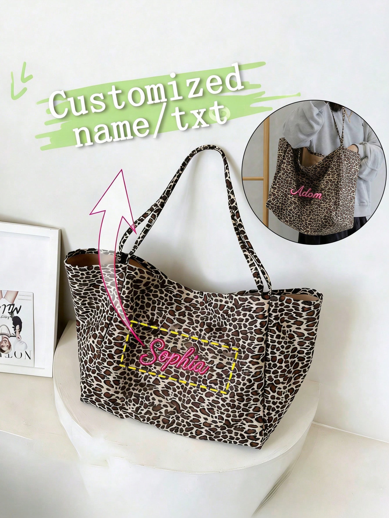 Embroidery Names - Personalisierte Einkaufstasche mit Leopardenmuster für Damen,