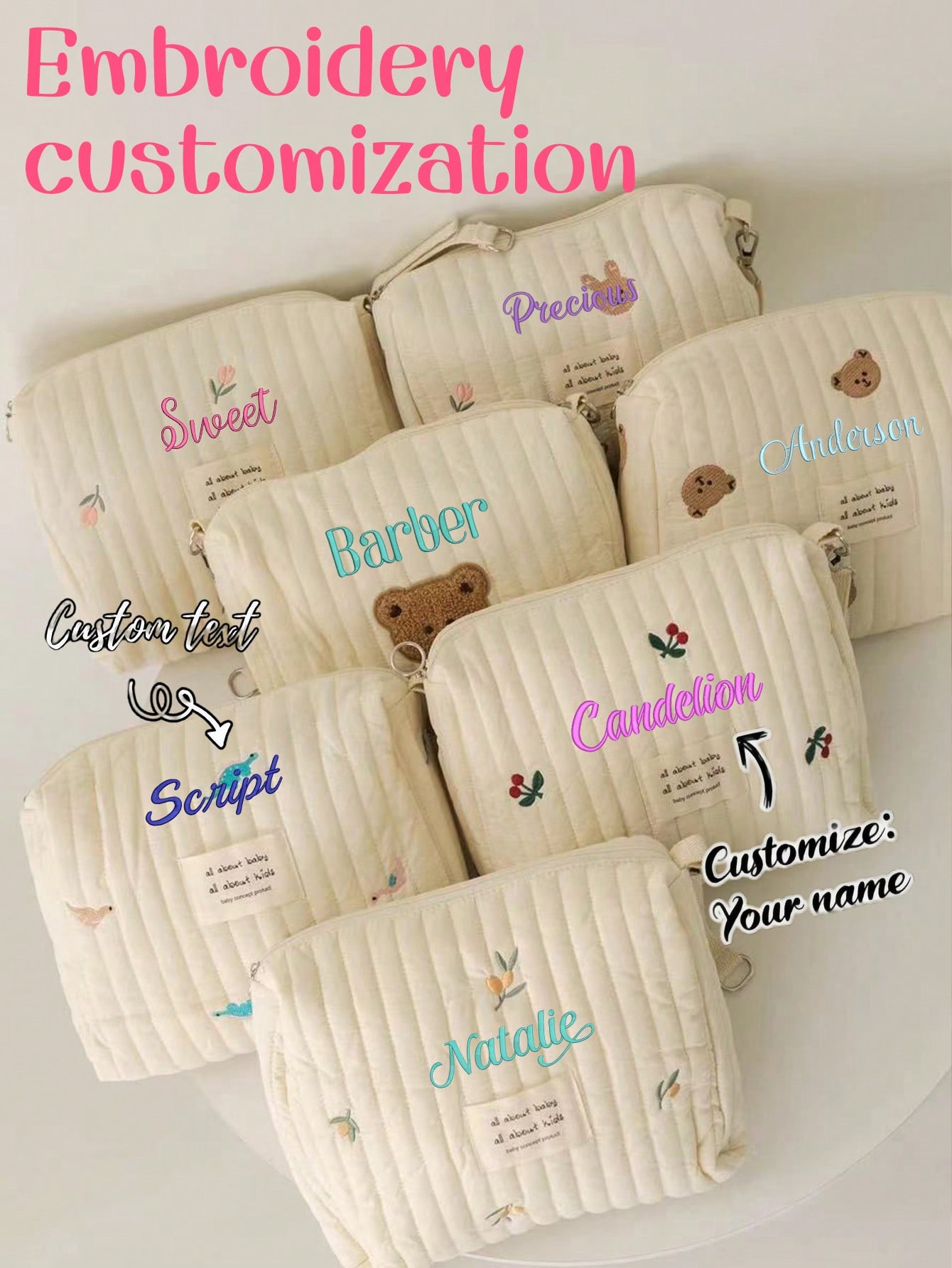Embroidery Names - Personalisierte Bestickte Baby-Wickeltasche Gesteppte Aufbewahrungstasche Niedliche